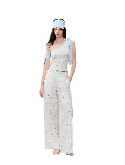 Printed Mesh One-Shoulder Tie Tank