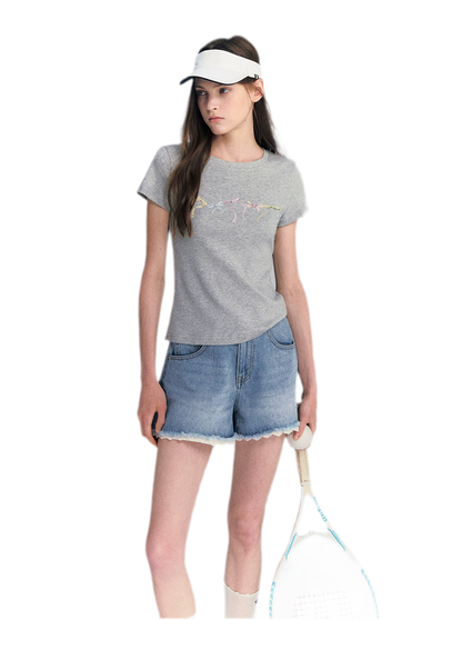 Lace Trim Washed Denim Shorts