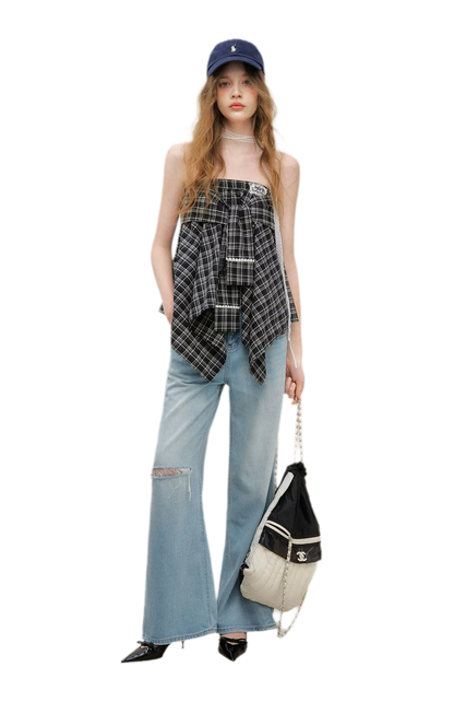 Asymmetric Lace Patchwork Plaid Skirt/Top