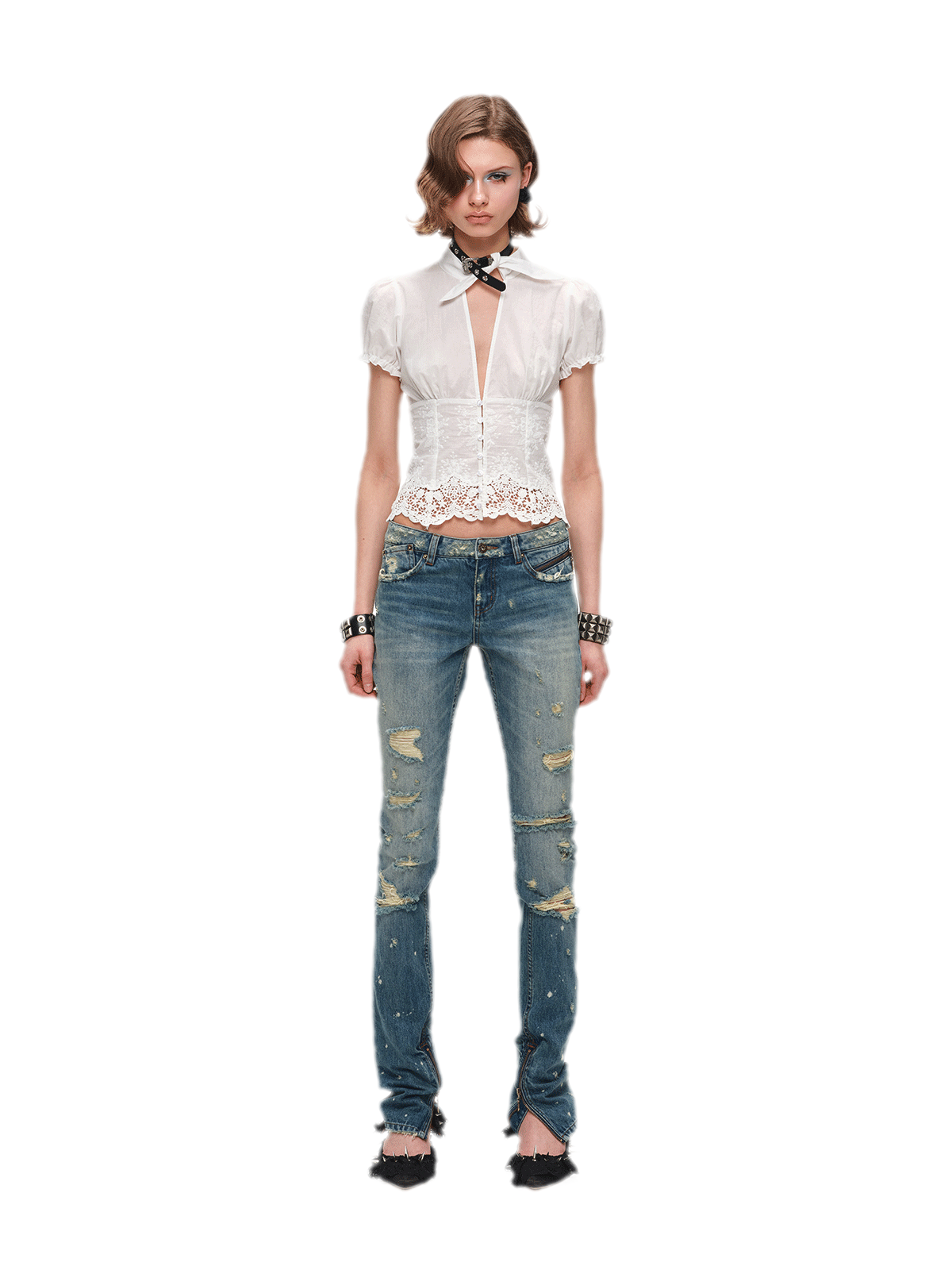 Deep V-Neck Jacquard Blouse
