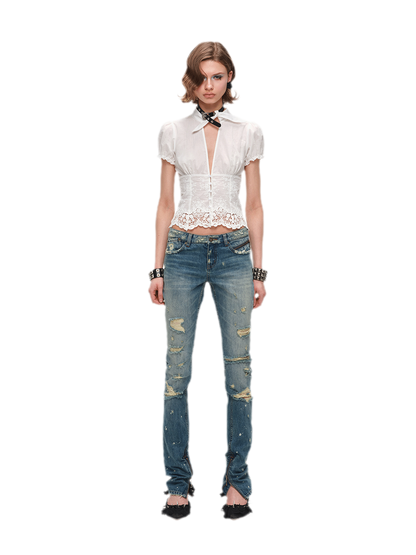 Deep V-Neck Jacquard Blouse