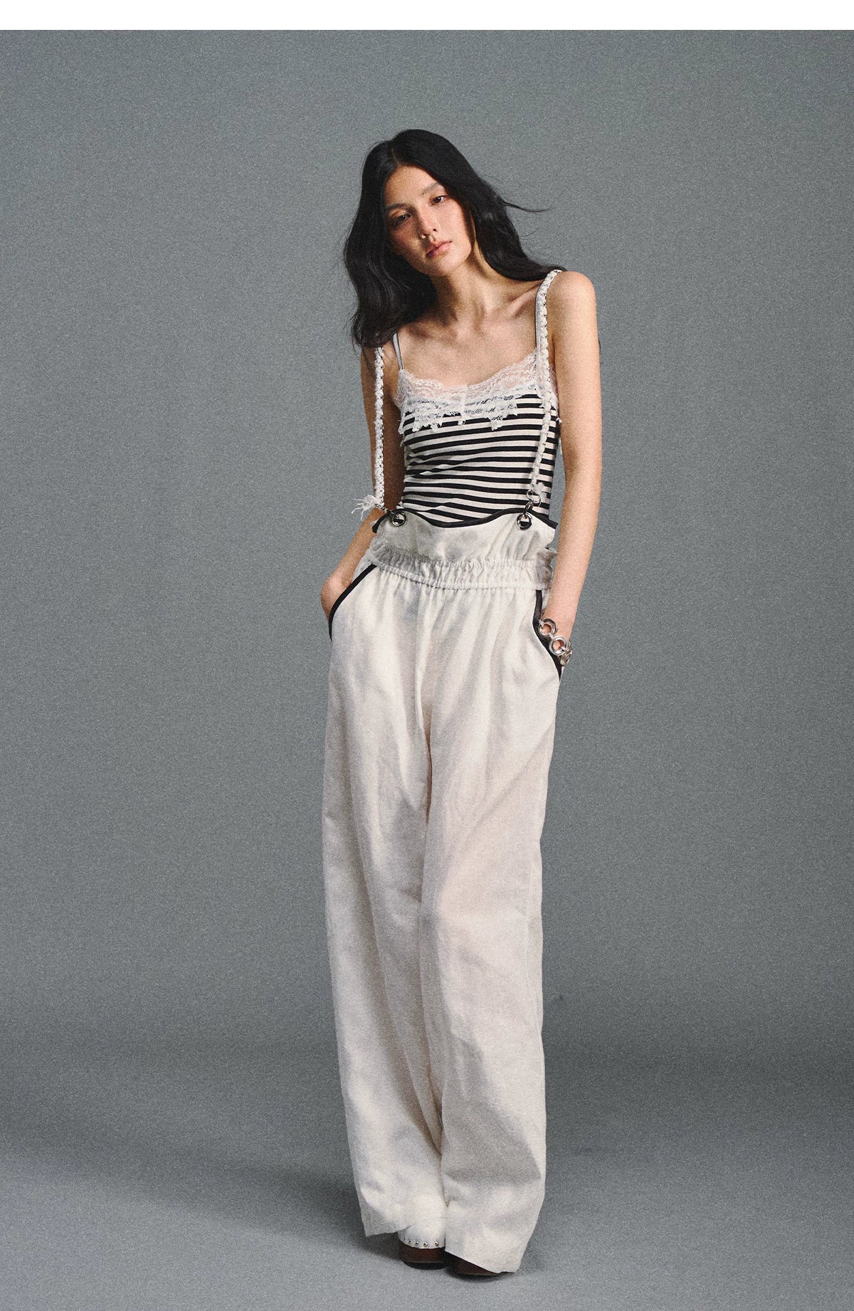 Tencel Linen Contrast Satin Trim Wide-Leg Pants