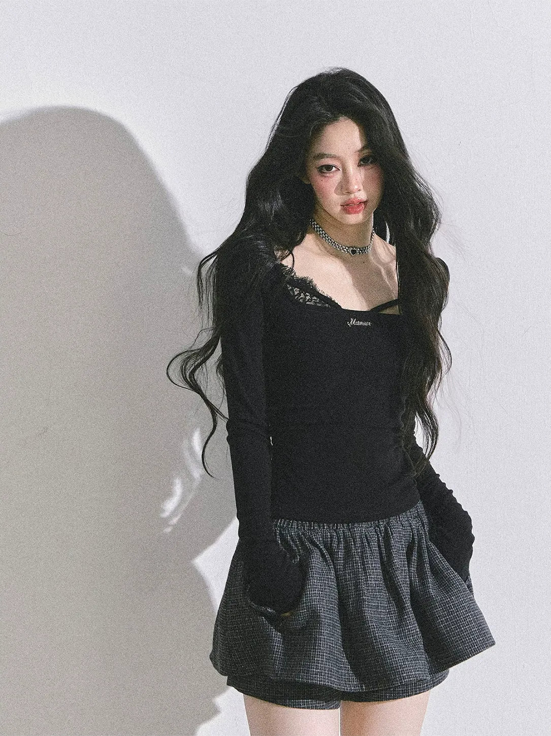 Lace Panel Fitted Long-Sleeve Top