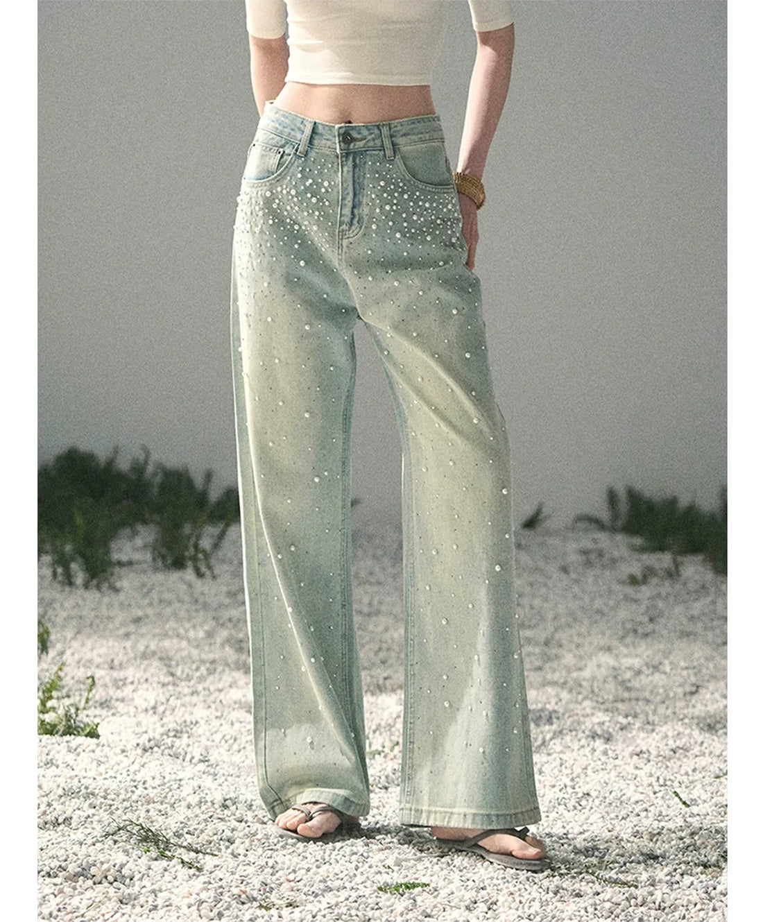 Washed Pearl Wide-Leg Jeans | Final Sale