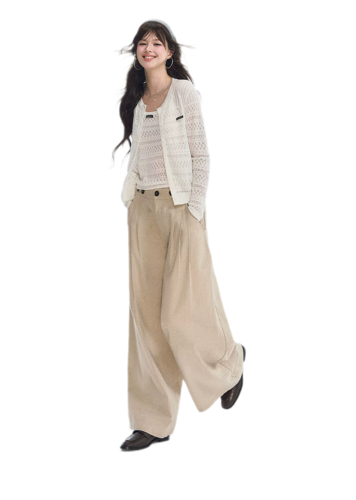 Pantaloni in cotone con pieghe e gamba ampia
