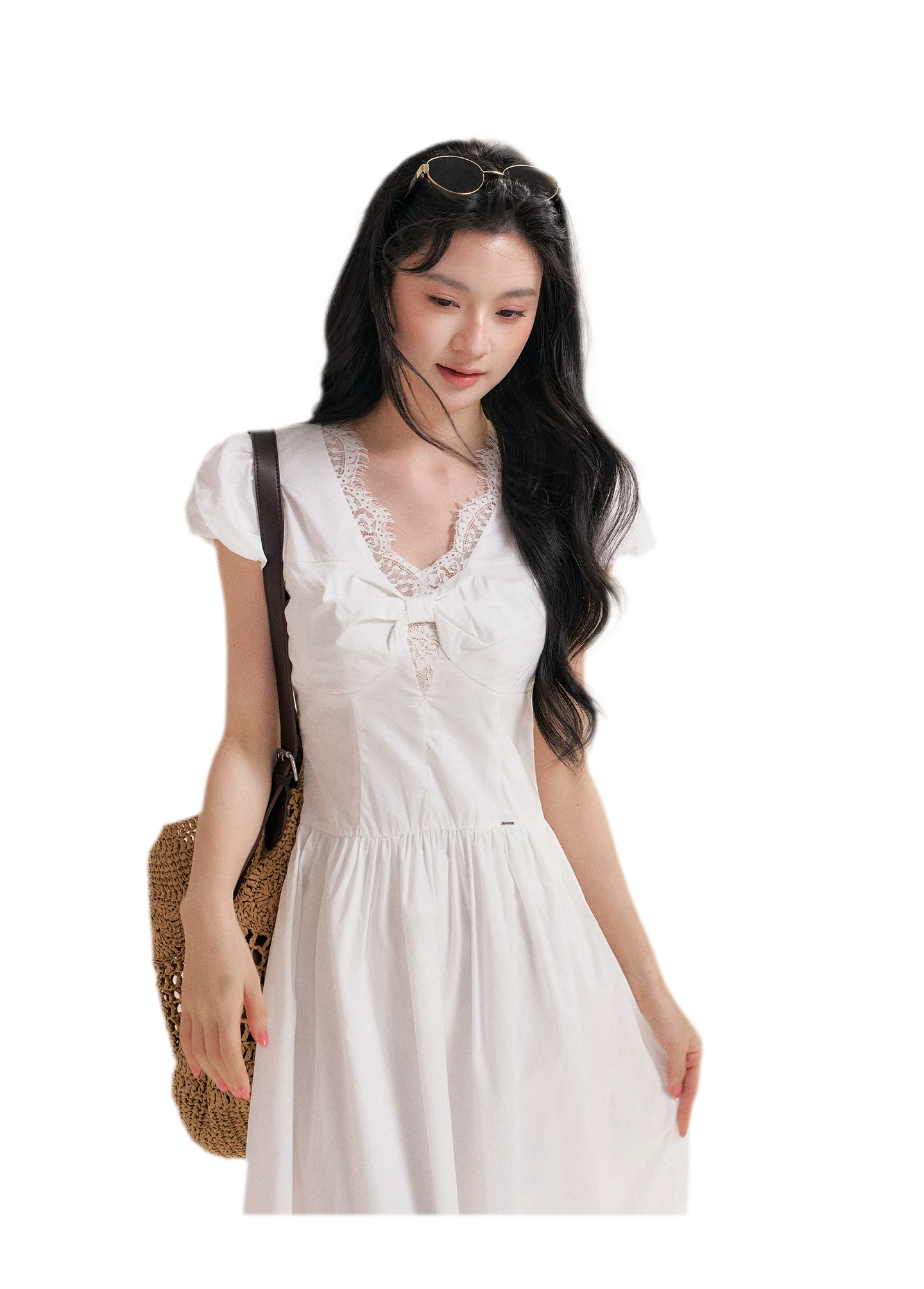 Knot Design French Lace Puff Sleeve A-Line Dress