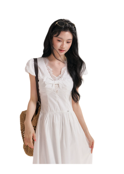 Knot Design French Lace Puff Sleeve A-Line Dress