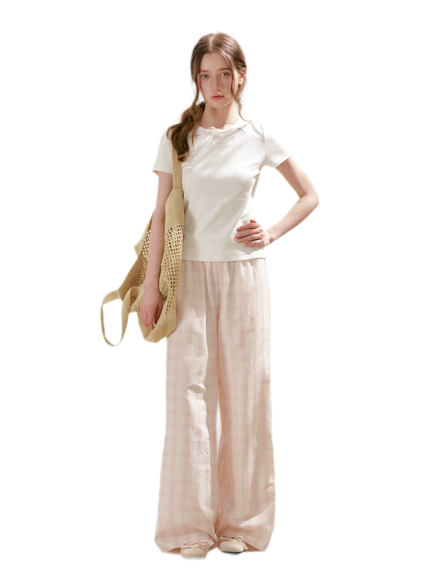 Linen Checkered High-Waist Wide-Leg Pants