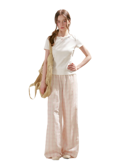Linen Checkered High-Waist Wide-Leg Pants