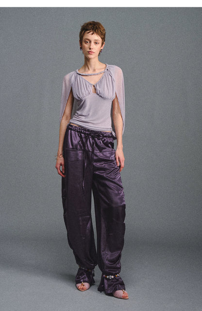 Satin Jogger Pants with Beaded Drawstring