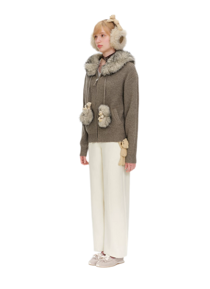 Pom-Pom Hooded Knit Sweater