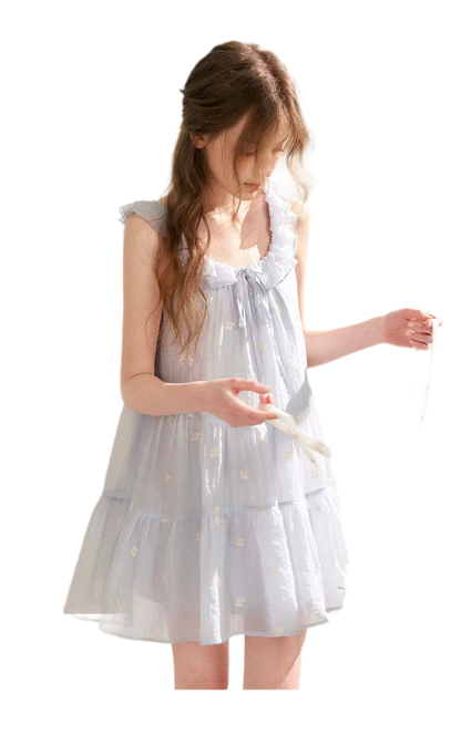 Tencel Embroidered Ruffle A-line Dress