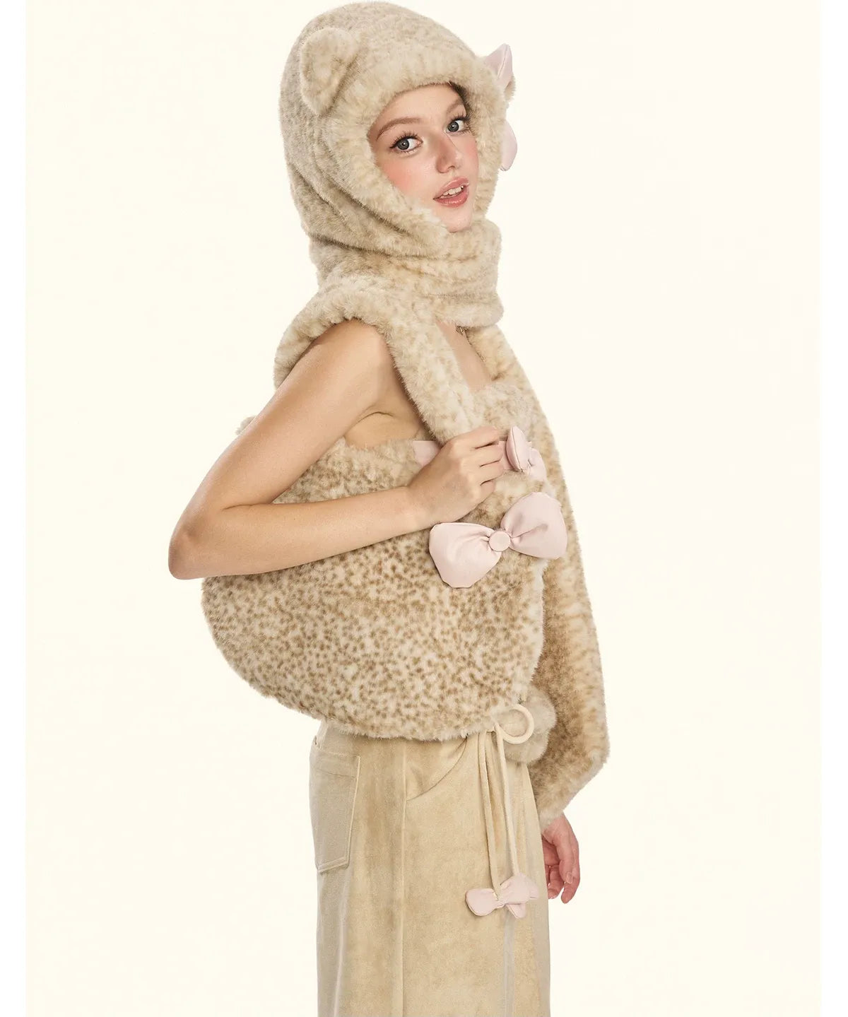Leopard Plush Bow Shoulder Bag