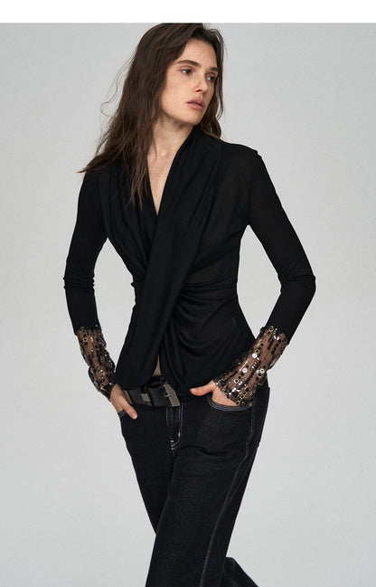 Embroidered Acetate Silk Cross-Knot Long Sleeve T-Shirt