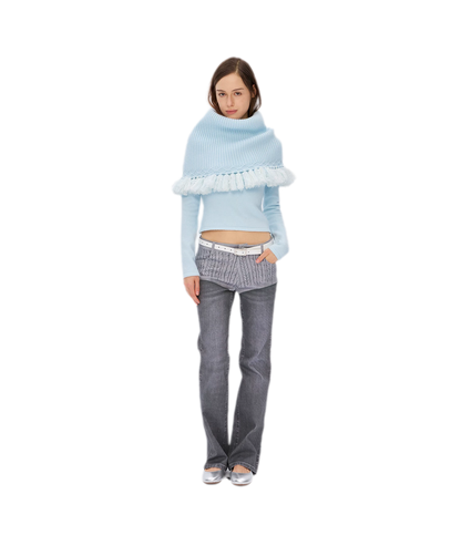 Fringed Ribbed Turtleneck Knit Top