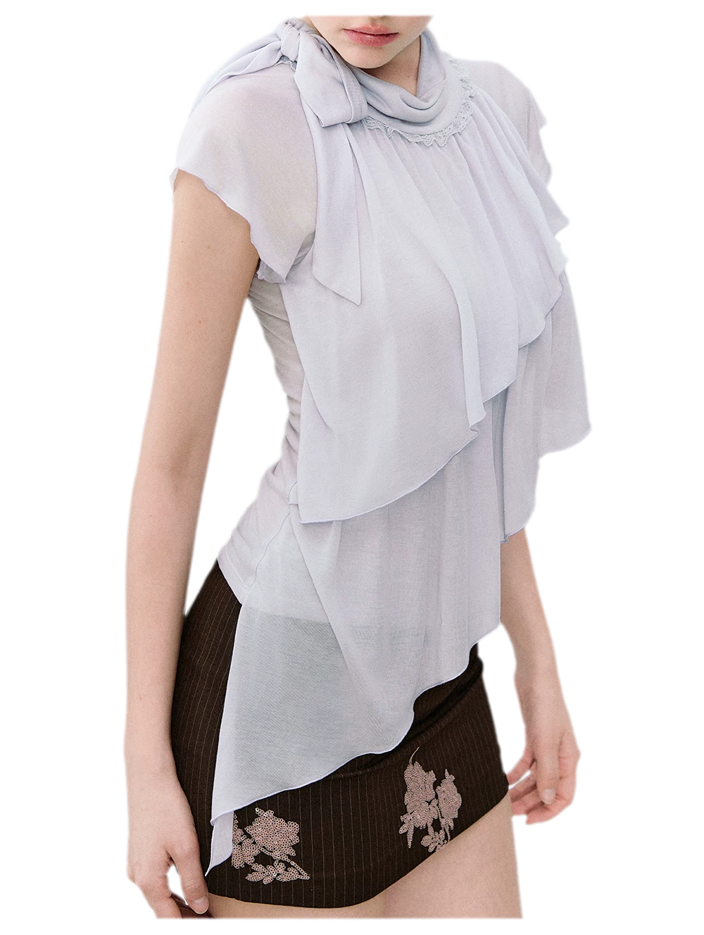 Ruffle Tie-Neck Tencel Short Sleeve Top