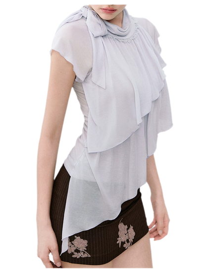 Ruffle Tie-Neck Tencel Short Sleeve Top