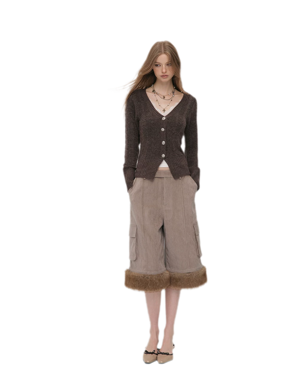 Chenille Cargo Cropped Wide-Leg Pants