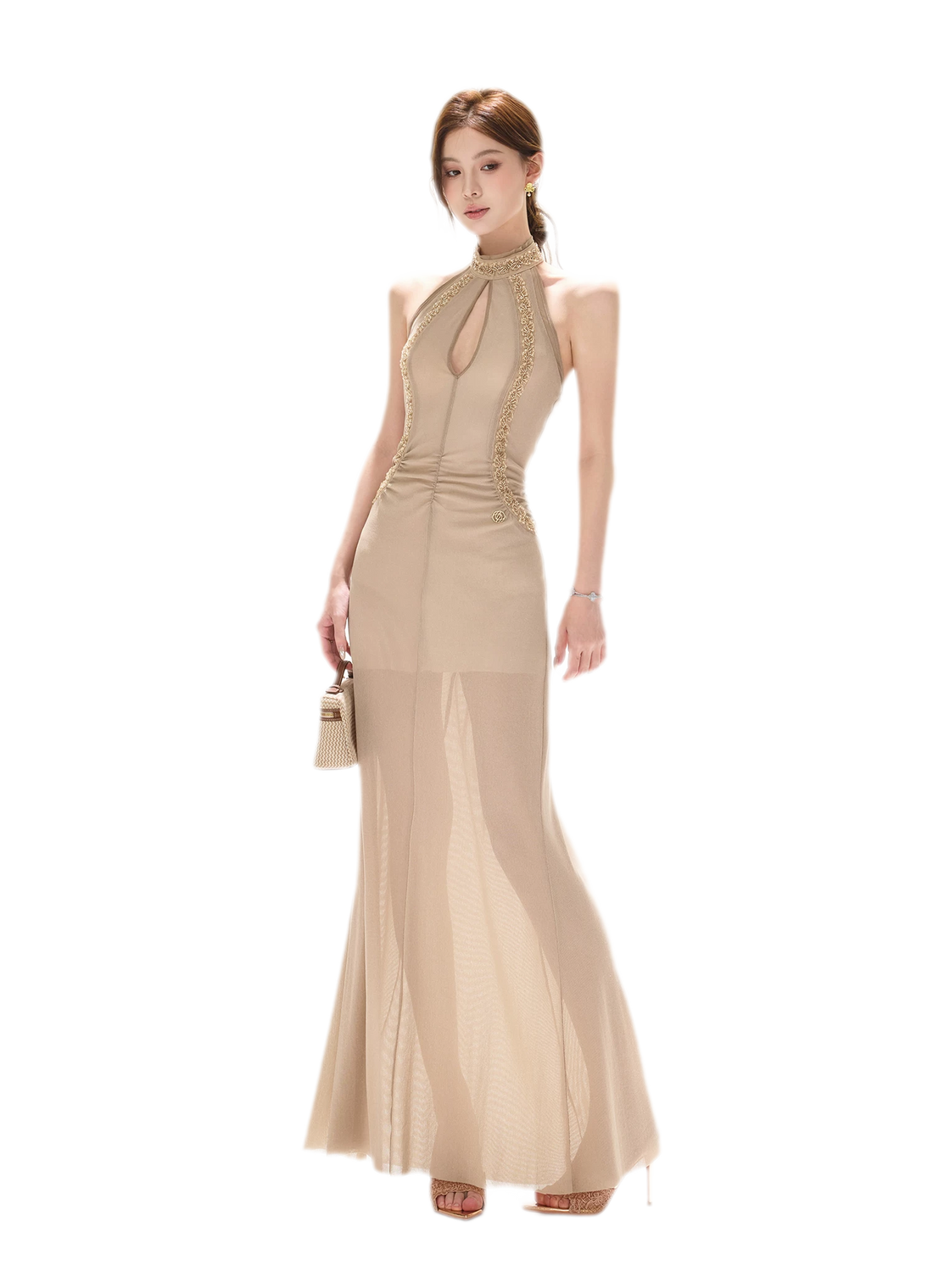 Beaded Halter Mesh Gown