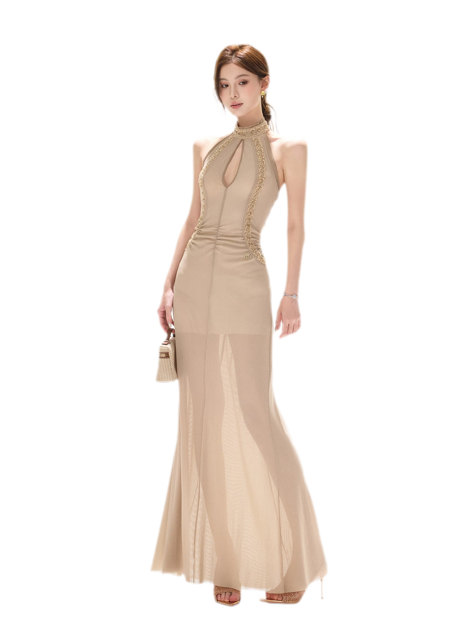 Beaded Halter Mesh Gown