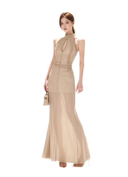 Beaded Halter Mesh Gown