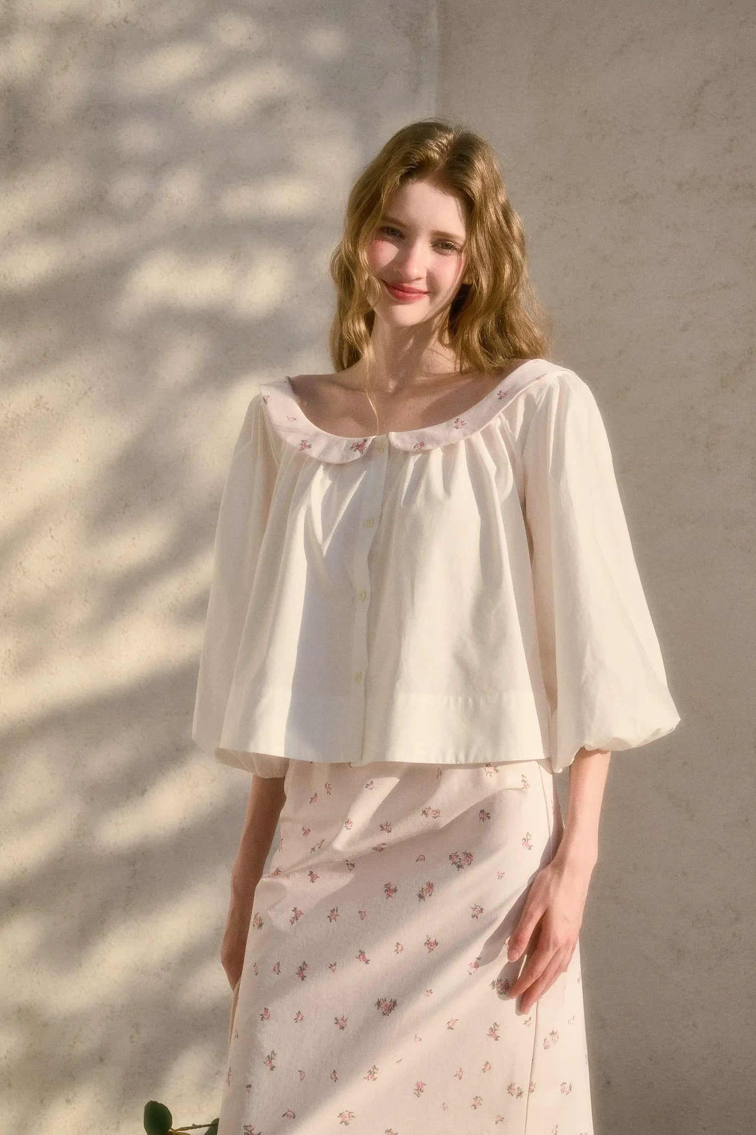 Floral Puff-Sleeve Blouse Skirt Set