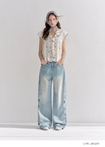 Embroidered Washed Wide-Leg Jeans