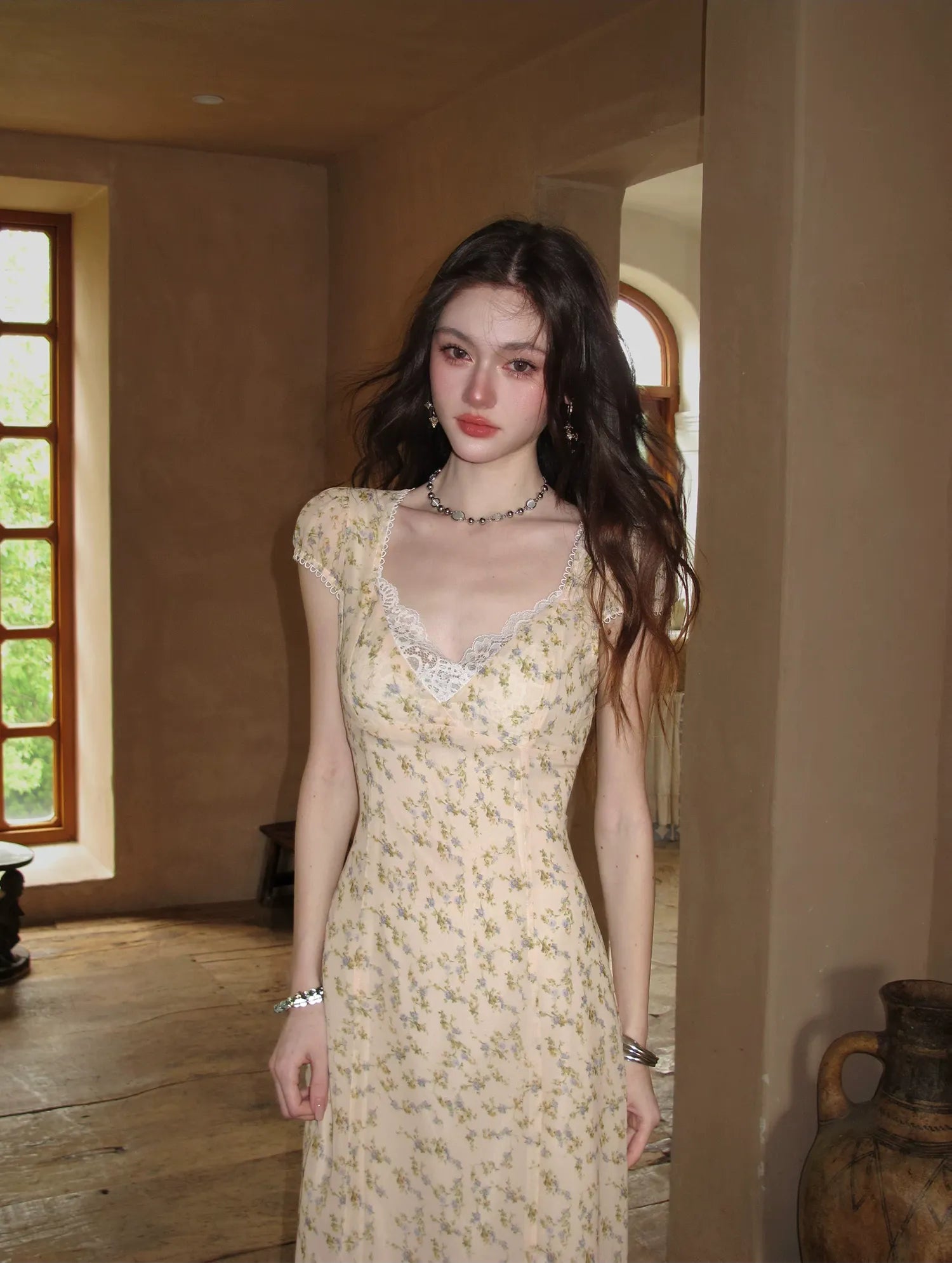 Lace V-Neck Long Dress