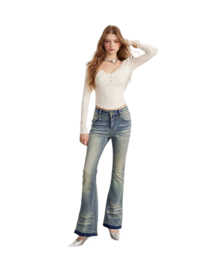 Washed Micro-Flare Contrast-Hem Jeans