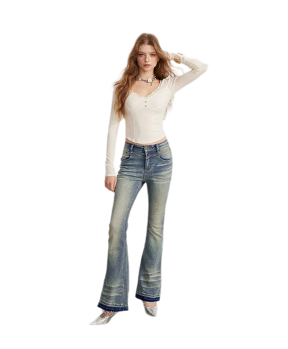 Washed Micro-Flare Contrast-Hem Jeans
