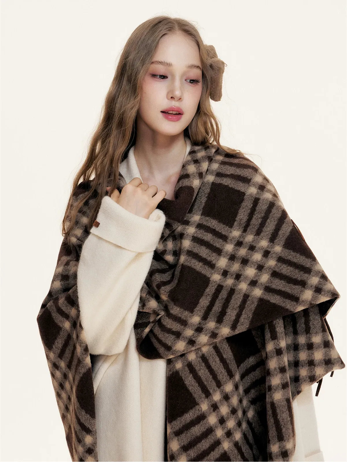 Fleece Checked Fringe Poncho