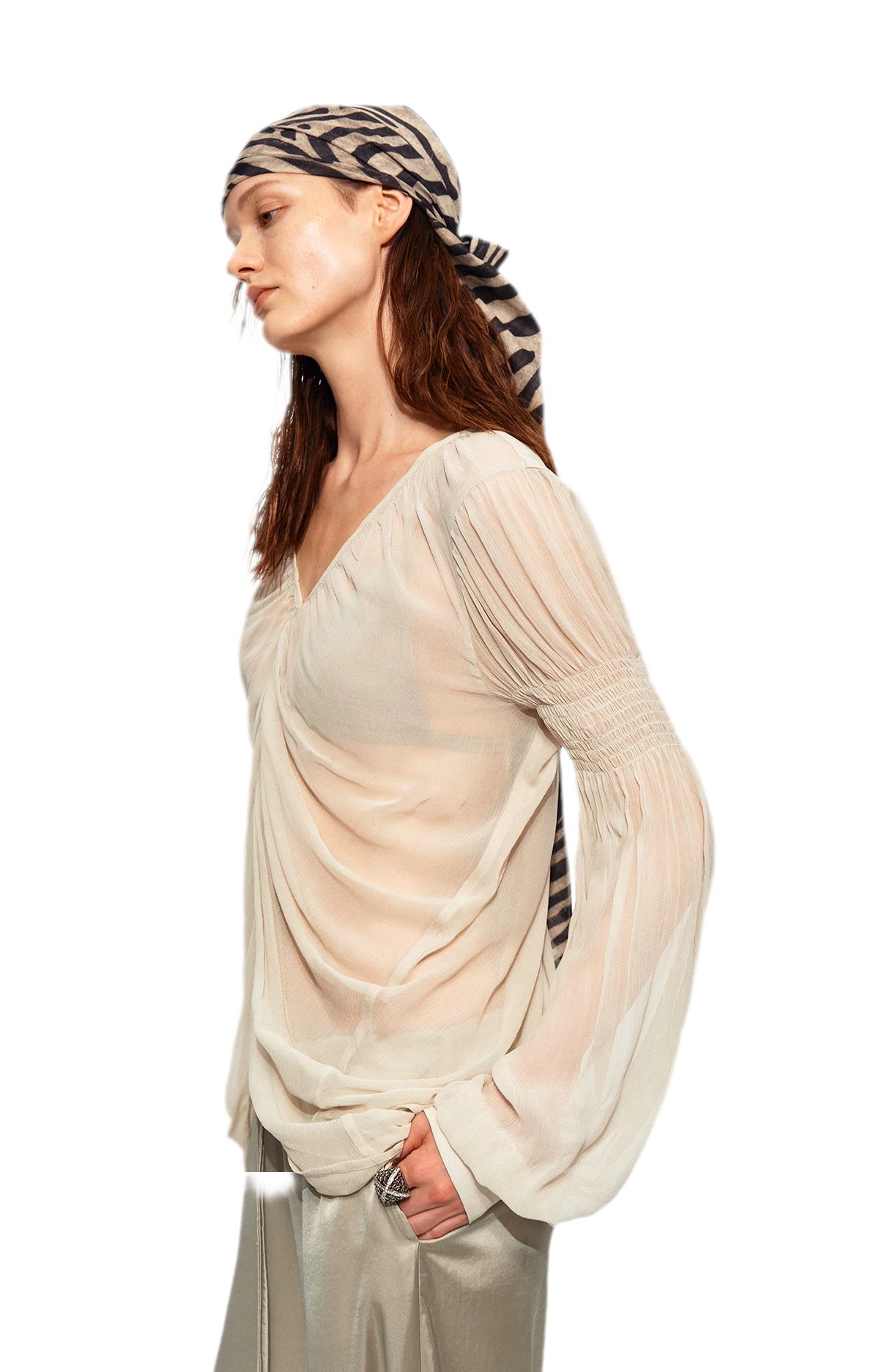 Pleated Bubble Sleeve Chiffon Blouse