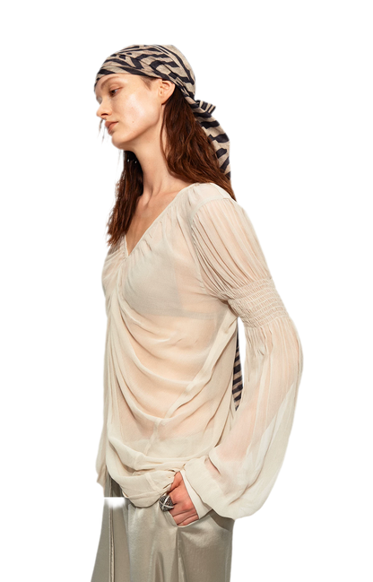Pleated Bubble Sleeve Chiffon Blouse