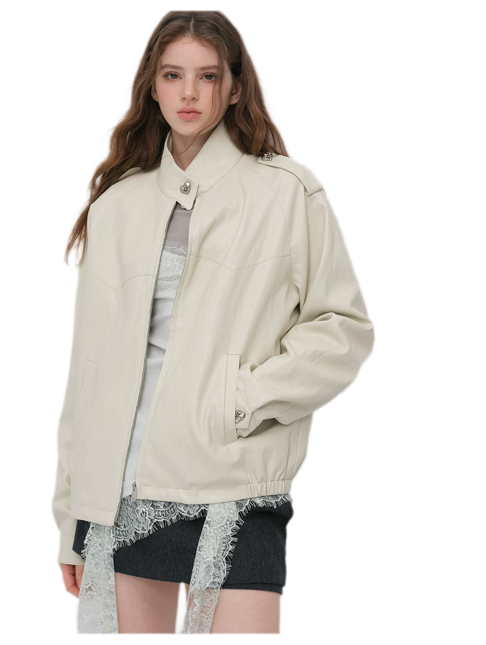 Faux-Leather Lychee-Texture Moto Jacket