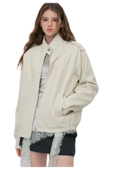 Faux-Leather Lychee-Texture Moto Jacket