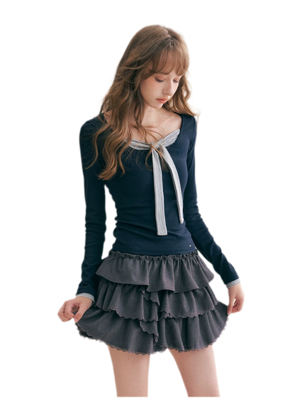 Striped Faux-Layer Fitted Top