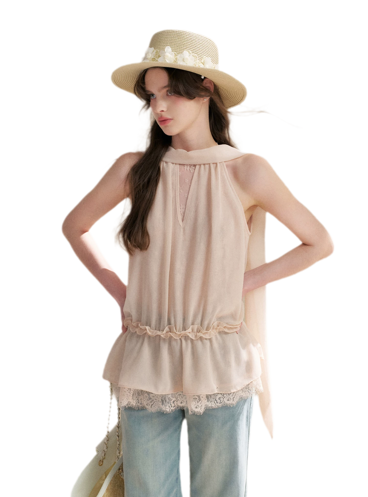 Chiffon Lace Halter V-Neck Blouse