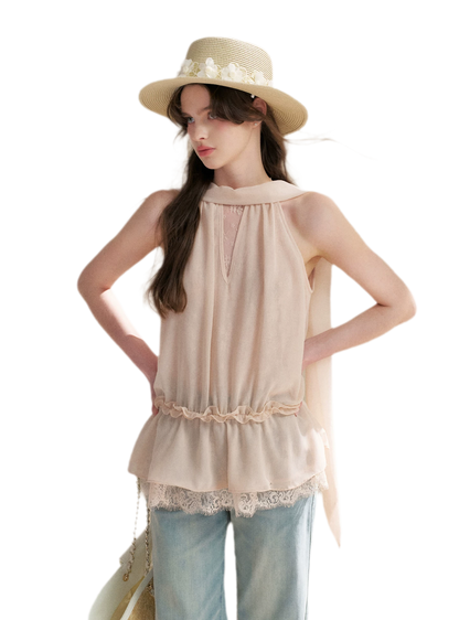Chiffon Lace Halter V-Neck Blouse