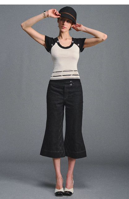 Color Block U-Neck Short Sleeve T-Shirt