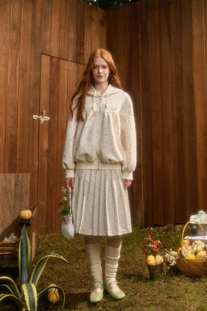 Printed Hooded Sweatshirt Pleated Skirt