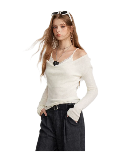 Draped Lace Trim Knit Top