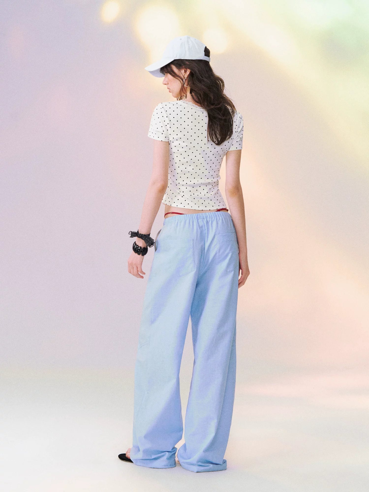 Square Neck Lace-Panel Slim T-shirt