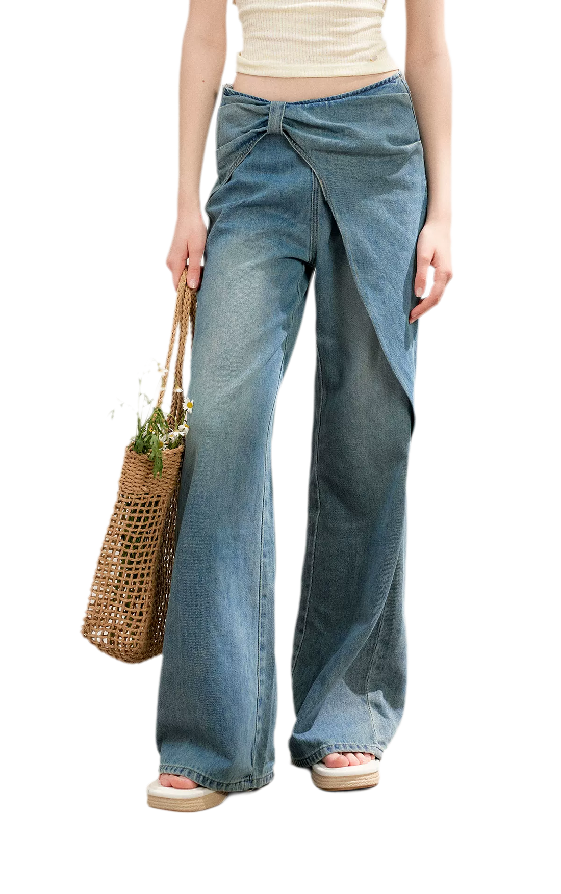 Soft Cotton Wide-Leg Jeans with Bow Detail