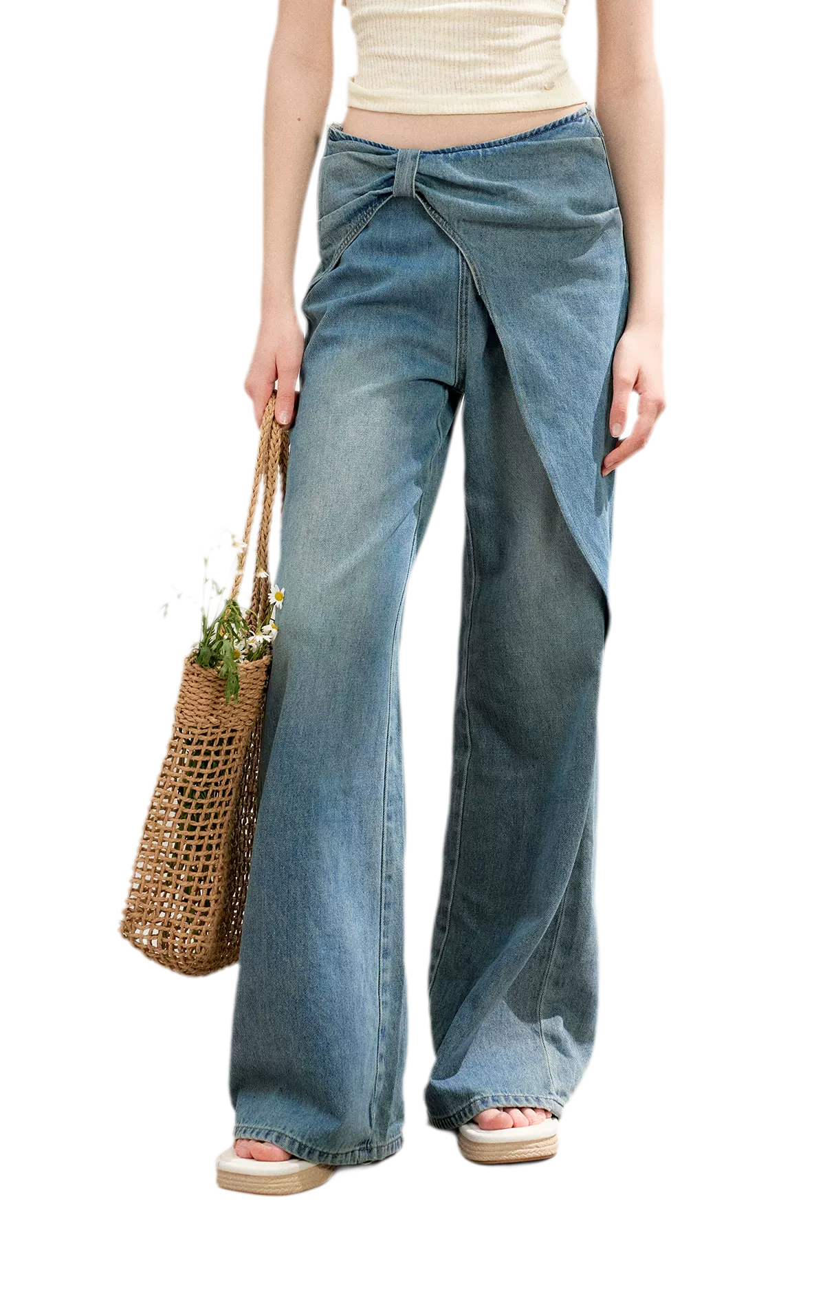 Soft Cotton Wide-Leg Jeans with Bow Detail