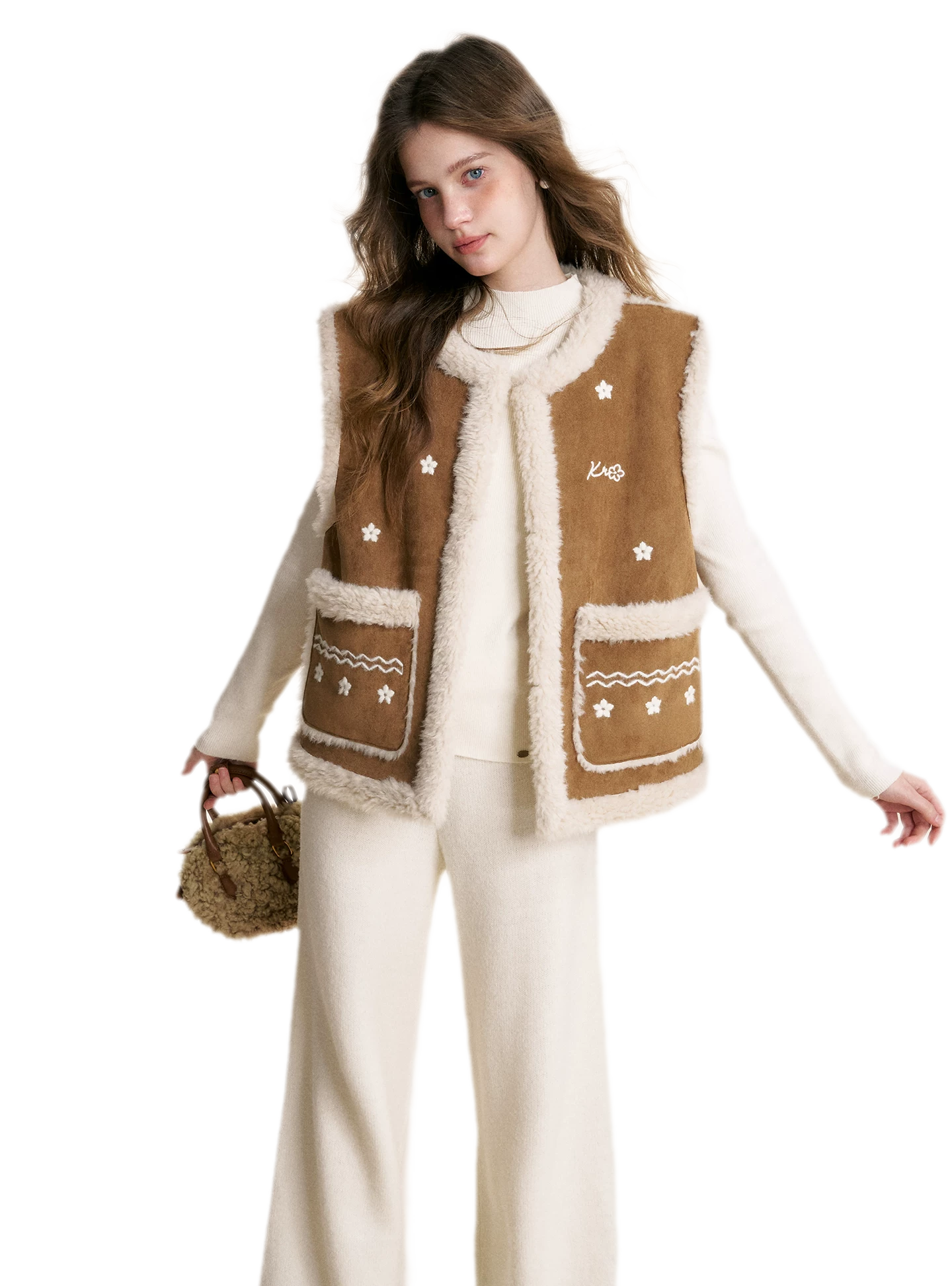 Shearling Floral Embroidered Vest