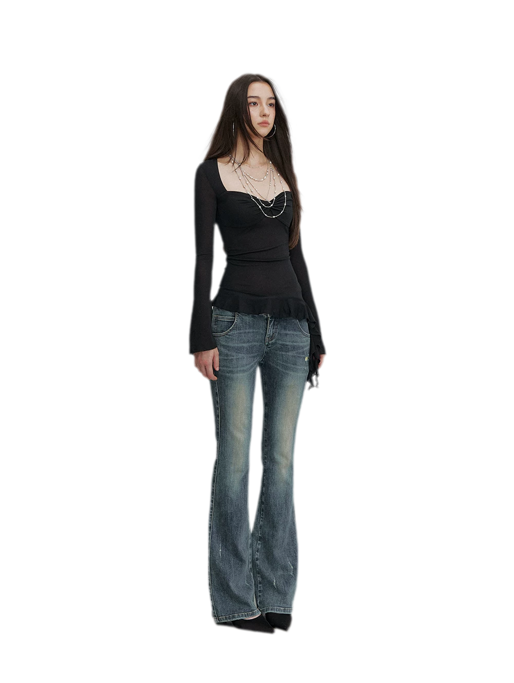 Washed Whisker Flared Jeans