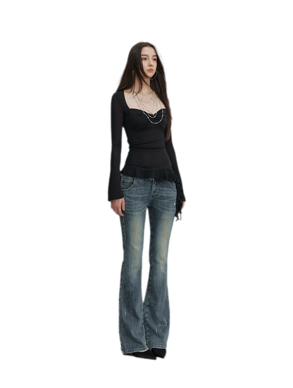 Washed Whisker Flared Jeans