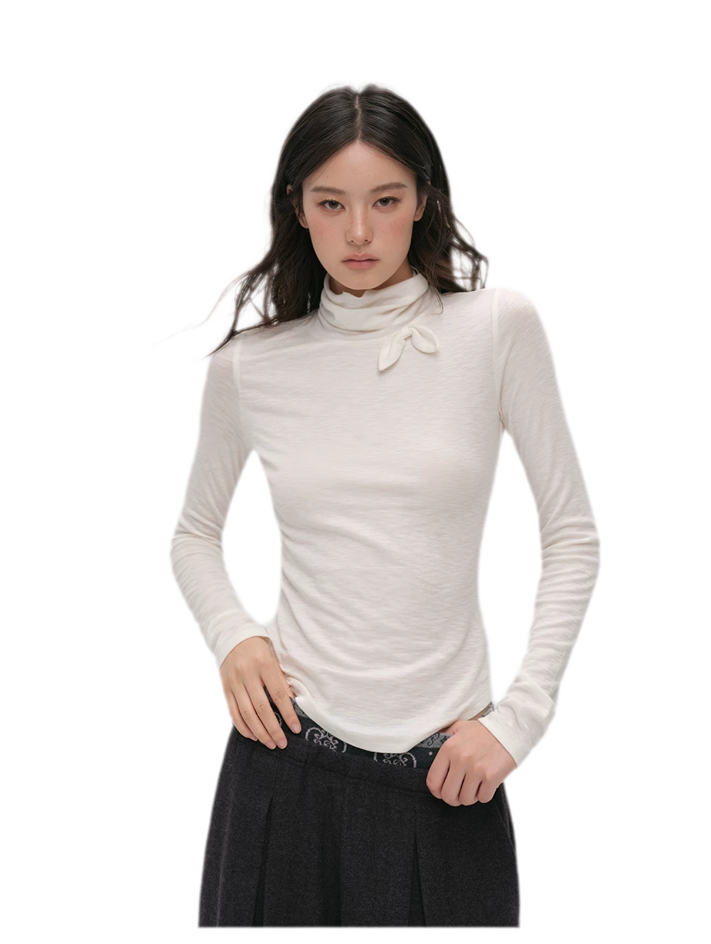 Lyocell Bow High-Neck T-Shirt