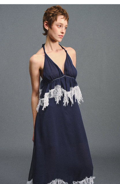 Deep V Halter Maxi Dress in Serene Blue