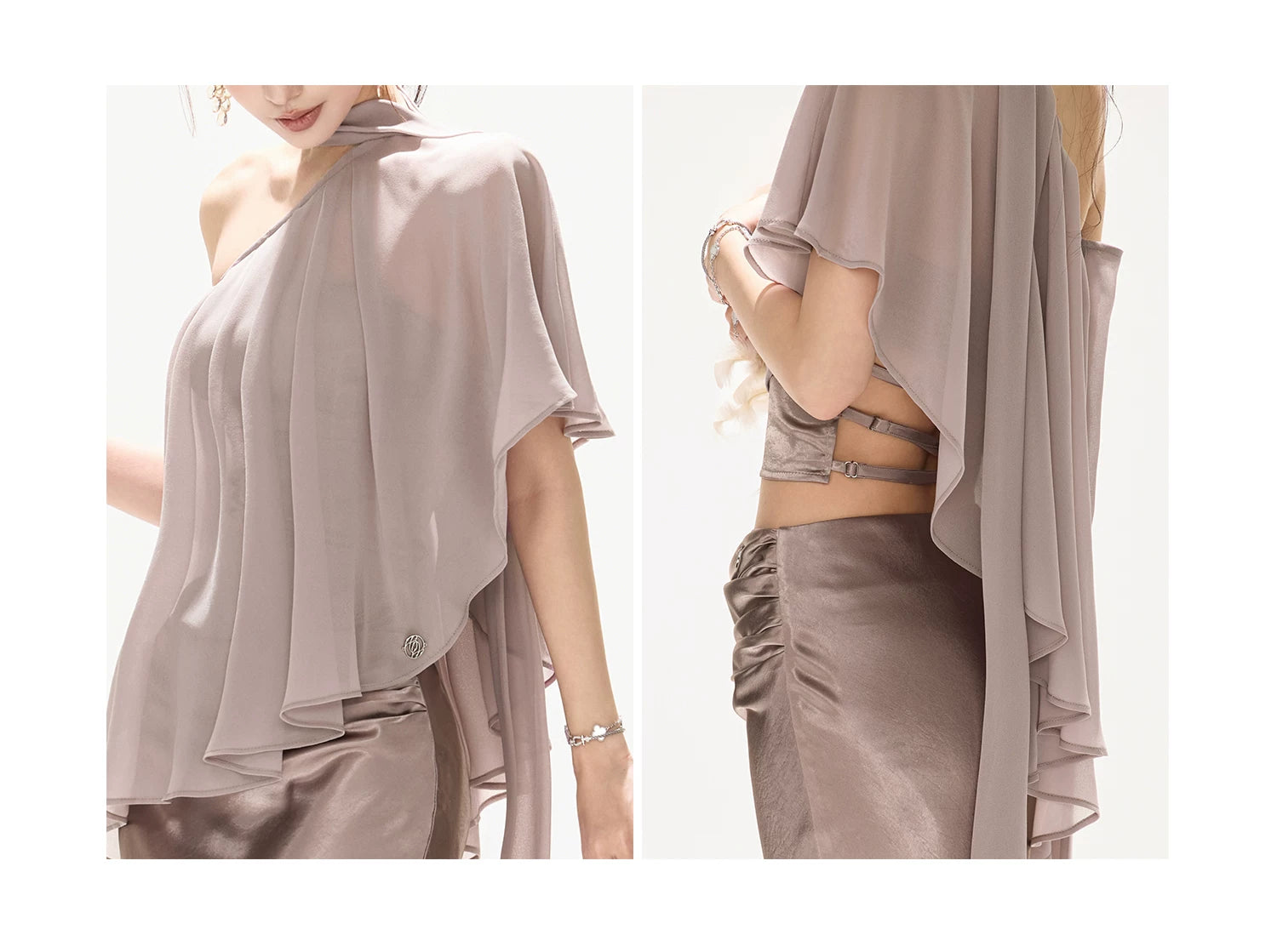 Elegant Asymmetric Chiffon Shawl Top with Built-in Bustier